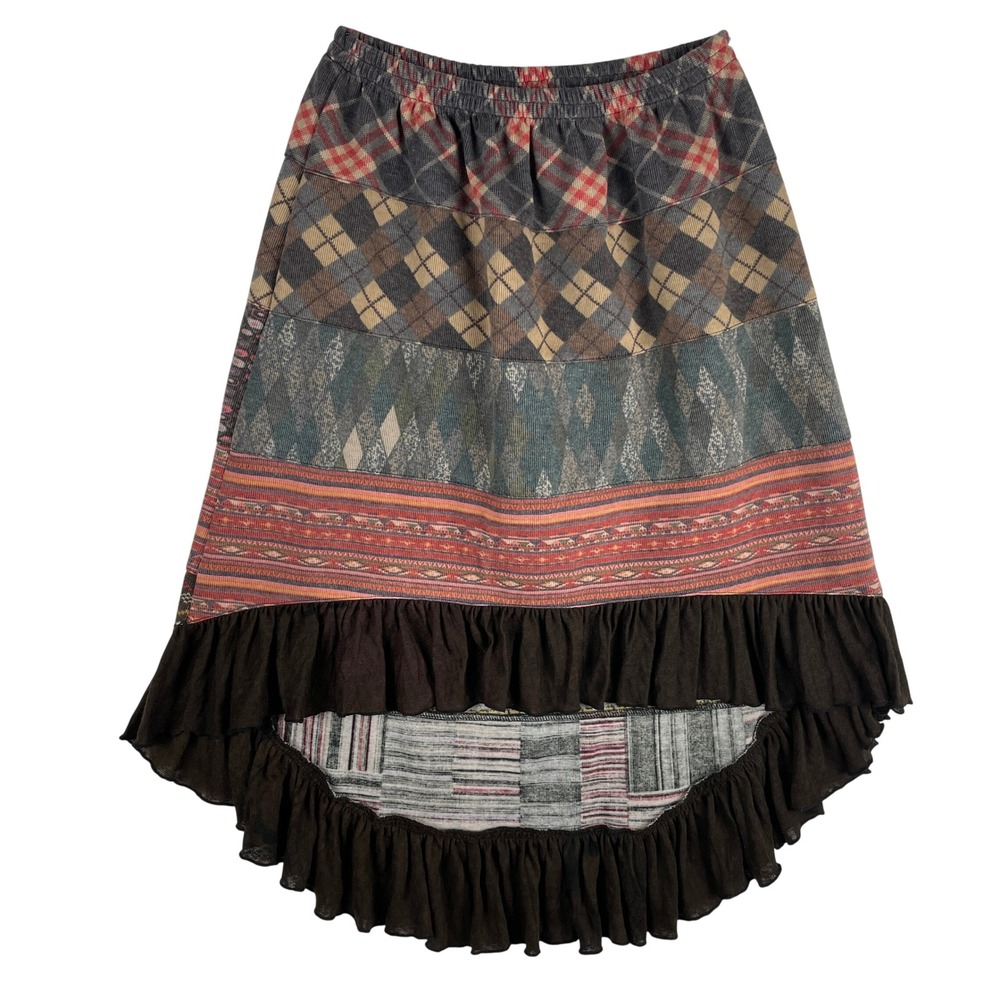 Sacred Threads Patchwork High Low Midi Skirt Plaid Argyle Boho Ruffle Hem Medium